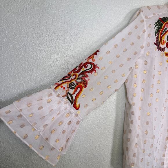 Soft Surroundings Top Womens Medium Embroidered Floral Paisley Boho Metallic Dot - Picture 6 of 11